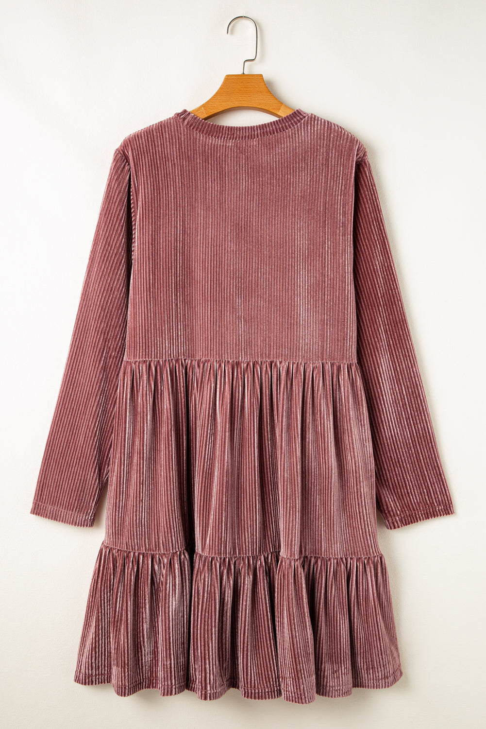 Apricot Pink Plus Size Velvet Ribbed Knit Tiered Ruffled Mini Dress - Premium Plus Size/Plus Size Dresses/Plus Size Mini Dresses from Momma Done Gone Crafty- Just $30.90! Shop now at Momma Done Gone Crafty