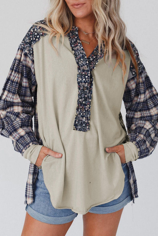 Blue Floral Plaid Mixed Print Bishop Sleeve Patchwork Top - Premium Tops from Momma Done Gone Crafty- Just $45.87! Shop now at Momma Done Gone Crafty