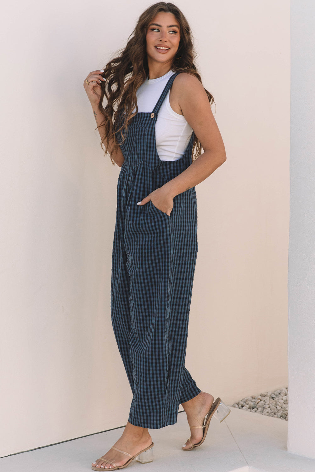 Sail Blue Plaid Print Buttoned Pocketed High Waist Overall - Premium Bottoms/Jumpsuits & Rompers from Ashes 2 Wildflowers Boutique, LLC- Just $34.93! Shop now at Ashes 2 Wildflowers Boutique, LLC
