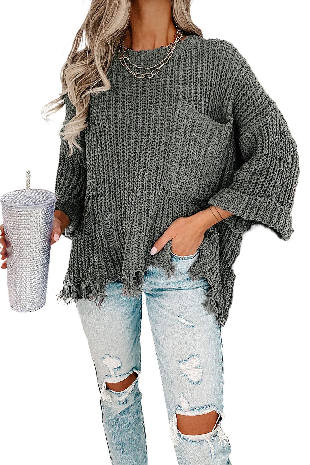Gray Ripped Raw Hem Chunky Pullover Sweater - Premium Tops from Momma Done Gone Crafty- Just $52.99! Shop now at Momma Done Gone Crafty