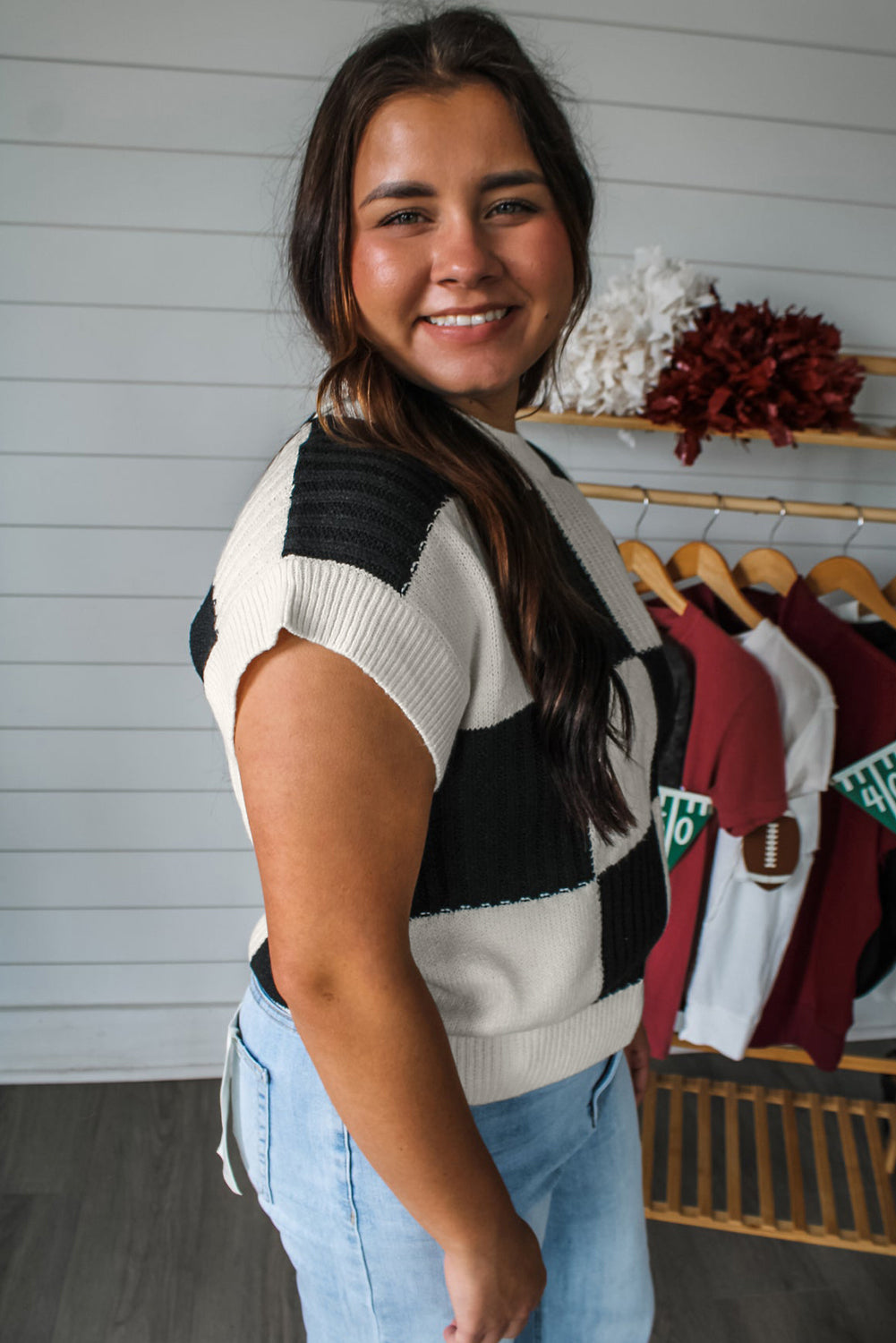 Black Checkered Color Block Crew Neck Short Sleeve Sweater - Premium Sweaters & Cardigans/Short Sleeve Sweaters from Ashes 2 Wildflowers Boutique, LLC- Just $33.05! Shop now at Ashes 2 Wildflowers Boutique, LLC