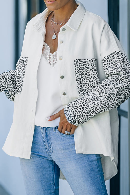 White Contrast Leopard Denim Jacket - Premium Outerwear/Denim jackets from Momma Done Gone Crafty- Just $55! Shop now at Momma Done Gone Crafty