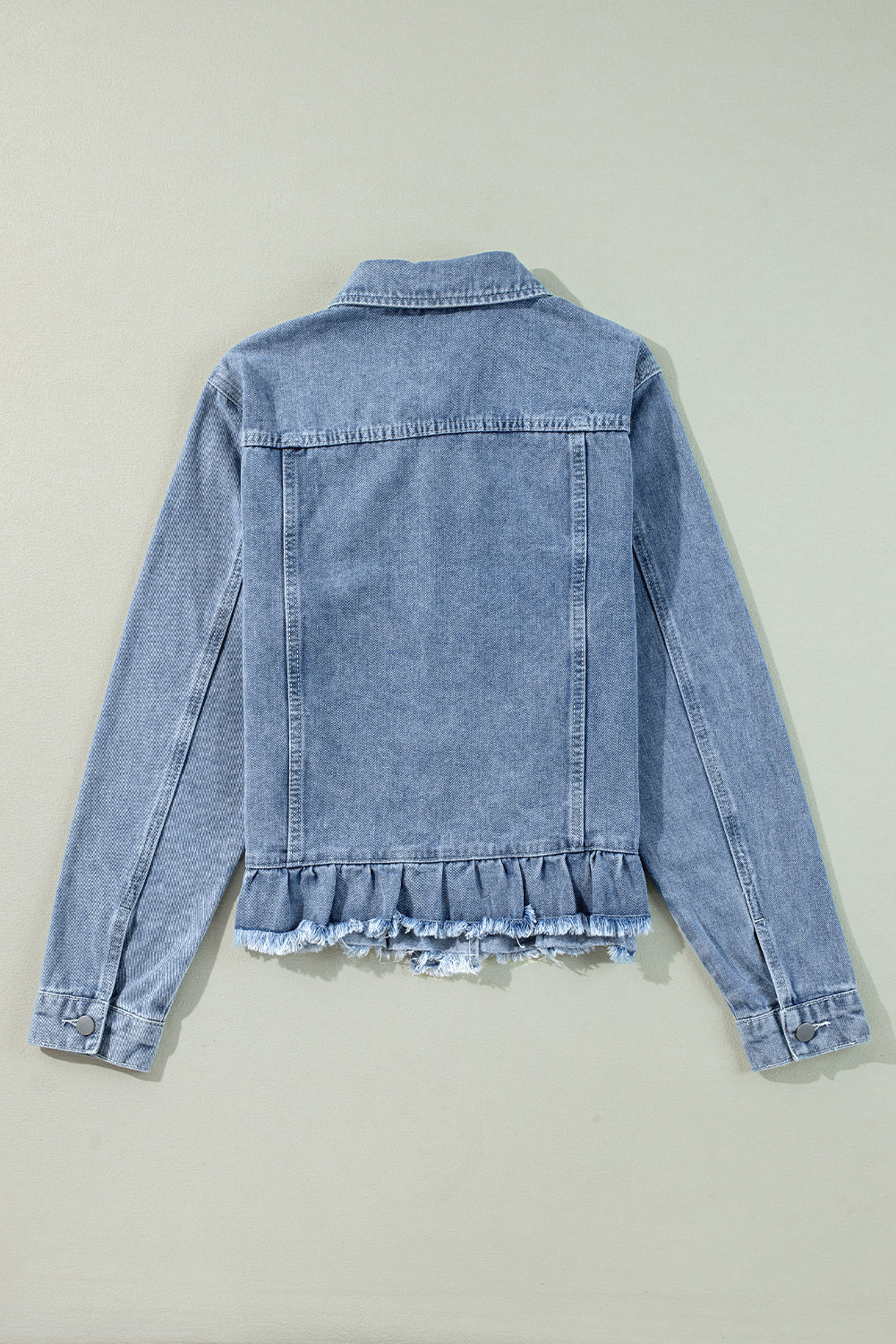 Beau Blue Ruffle Raw Hem Flap Pockets Denim Jacket - Premium Outerwear/Denim jackets from Ashes 2 Wildflowers Boutique, LLC- Just $41.38! Shop now at Ashes 2 Wildflowers Boutique, LLC