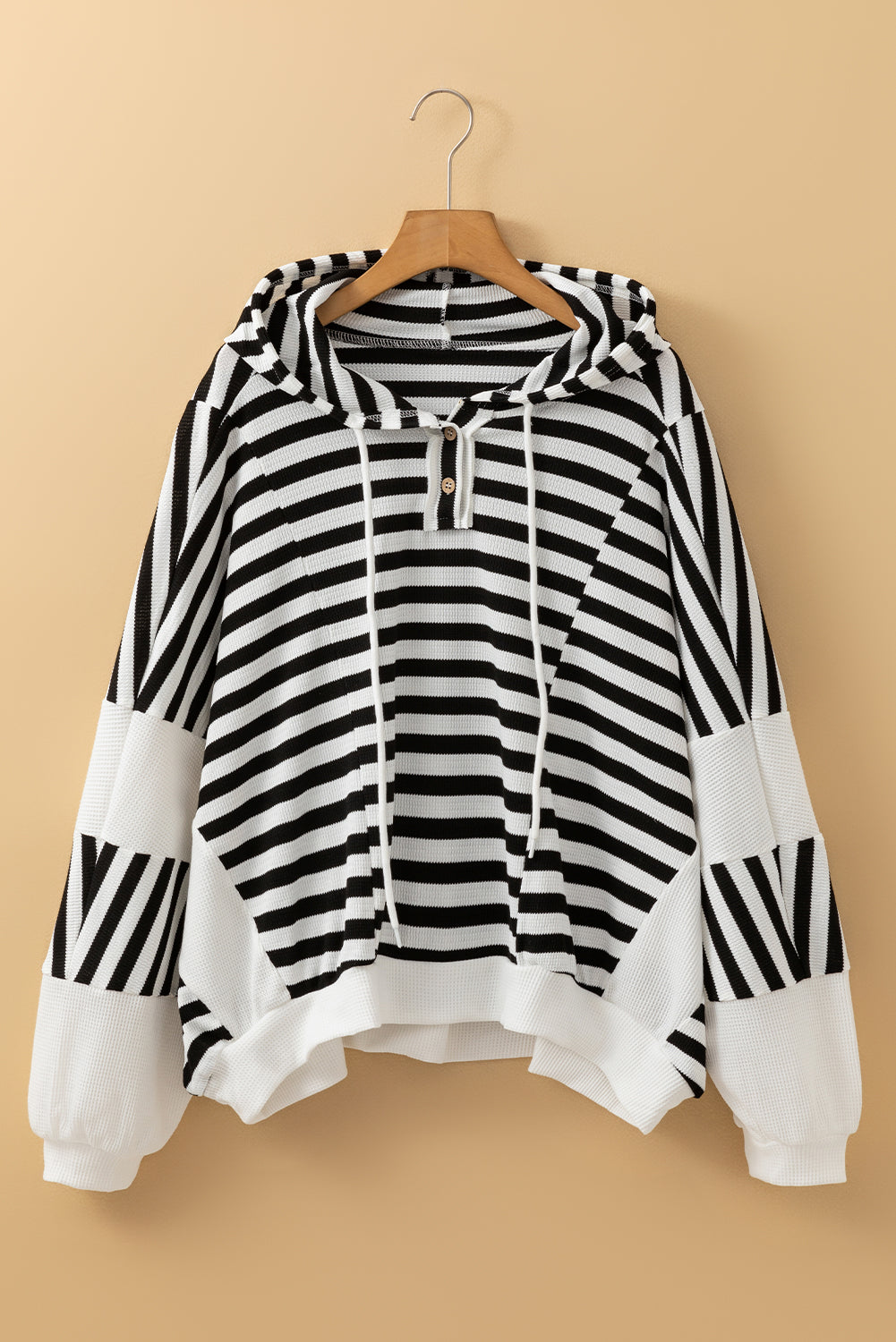 Black white Oversized Striped Henley Buttons Dolman Sleeve Hooded Top - Premium Tops/Long Sleeve Tops from Ashes 2 Wildflowers Boutique, LLC- Just $32.38! Shop now at Ashes 2 Wildflowers Boutique, LLC