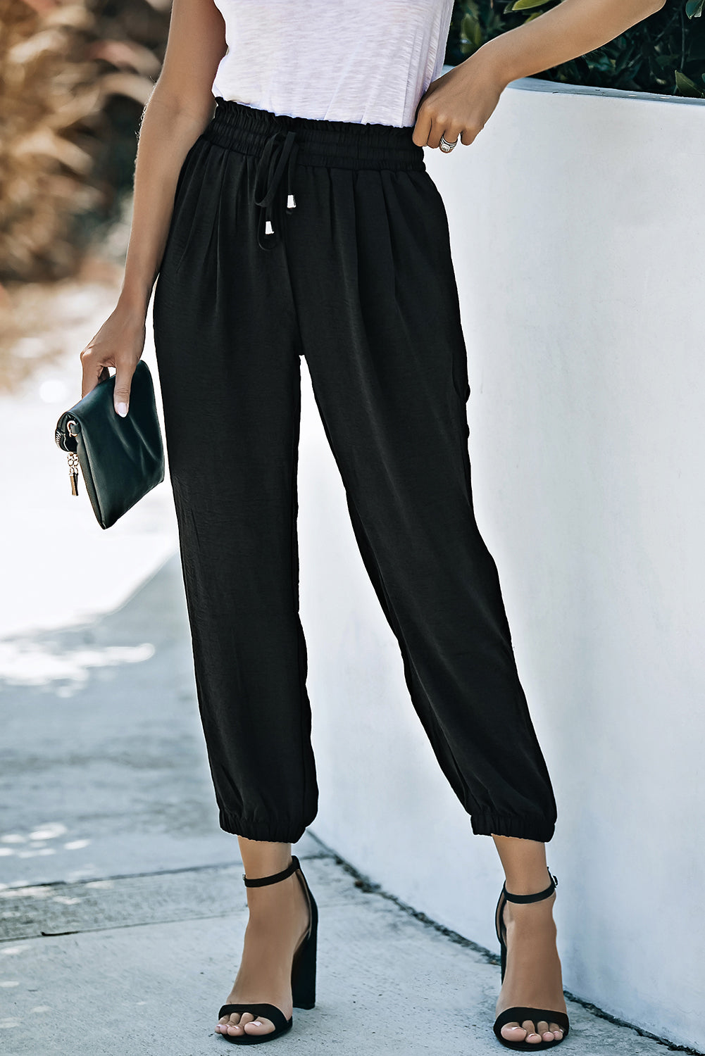 Black Solid Color Drawstring Smocked Waist Joggers - Premium Bottoms from Momma Done Gone Crafty- Just $47.40! Shop now at Momma Done Gone Crafty