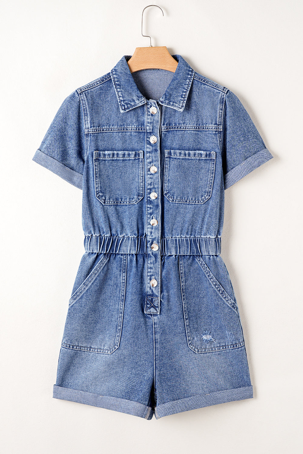 Dusk Blue Chest Pocket Front Buttoned Folded Edge Denim Short Sleeve Romper - Premium Bottoms/Jumpsuits & Rompers from Ashes 2 Wildflowers Boutique, LLC- Just $43.80! Shop now at Ashes 2 Wildflowers Boutique, LLC