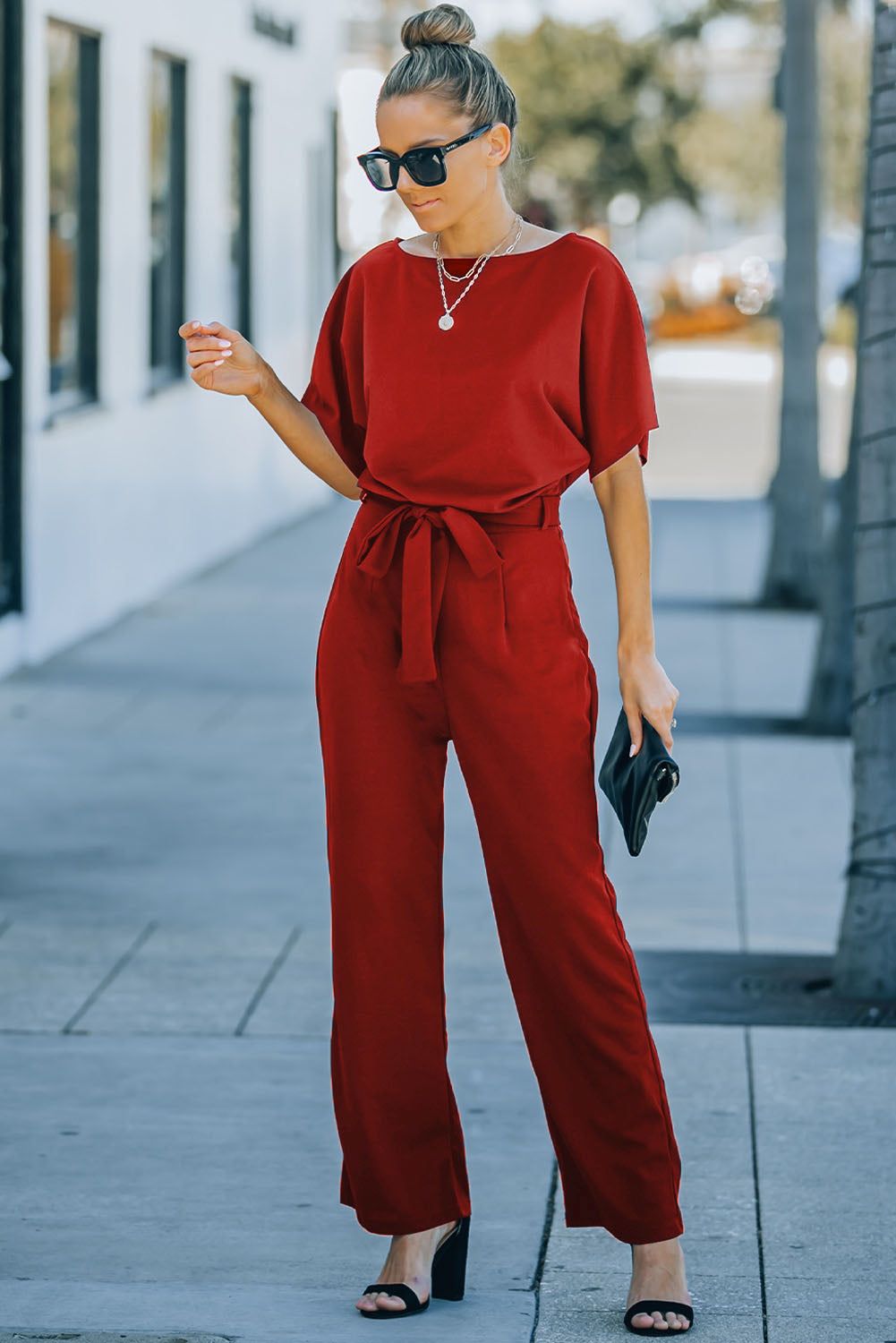 Red Belted Wide Leg Jumpsuit - Premium Bottoms from Momma Done Gone Crafty- Just $40.20! Shop now at Momma Done Gone Crafty