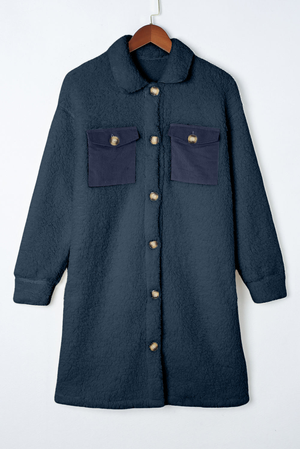 Blue Contrast Flap Pocket Single Breasted Teddy Coat - Premium Outerwear/Coats from Momma Done Gone Crafty- Just $45.99! Shop now at Momma Done Gone Crafty