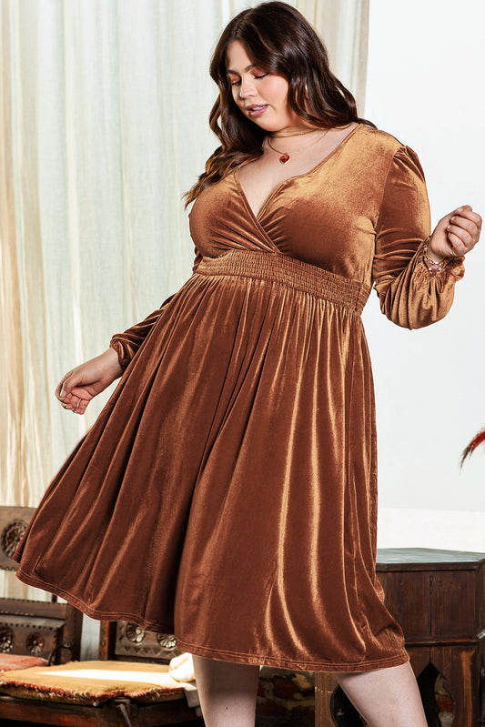 Camel Surplice V Neck Balloon Sleeve Velvet Dress - Premium Plus Size/Plus Size Dresses/Plus Size Maxi Dresses from Momma Done Gone Crafty- Just $35.16! Shop now at Momma Done Gone Crafty