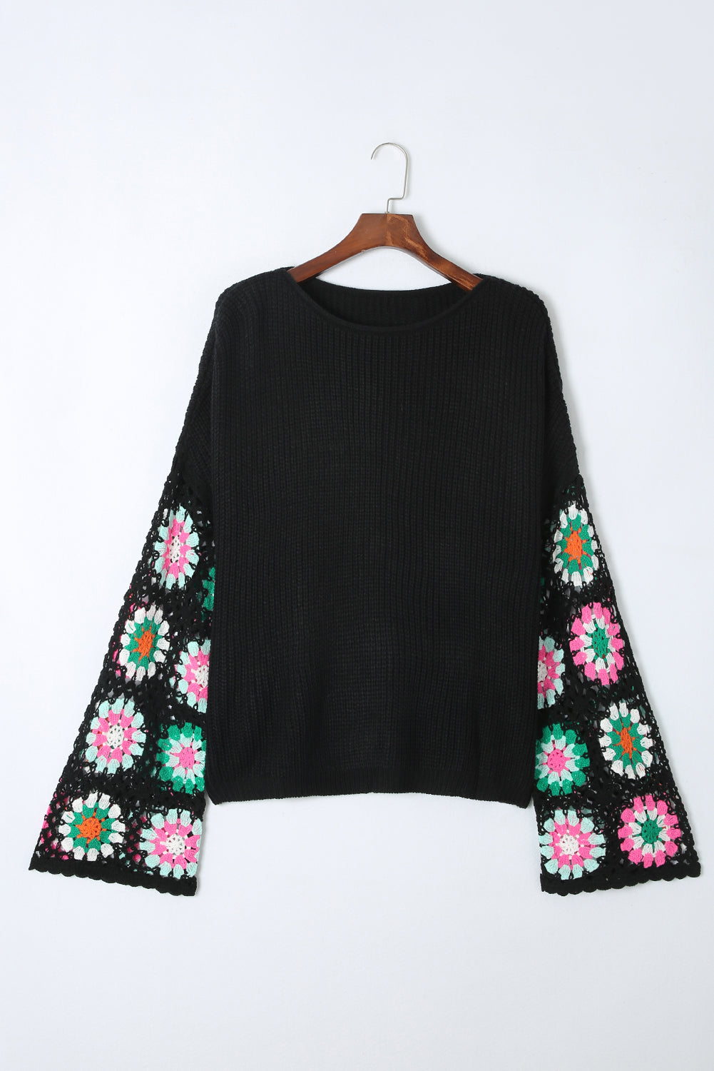 Black Floral Crochet Bell Sleeve Loose Sweater - Premium Tops from Momma Done Gone Crafty- Just $52.99! Shop now at Momma Done Gone Crafty