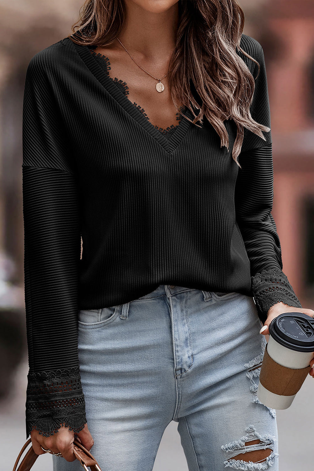 Black Ribbed Texture Lace Trim V Neck Long Sleeve Top - Premium Tops from Momma Done Gone Crafty- Just $42.60! Shop now at Momma Done Gone Crafty