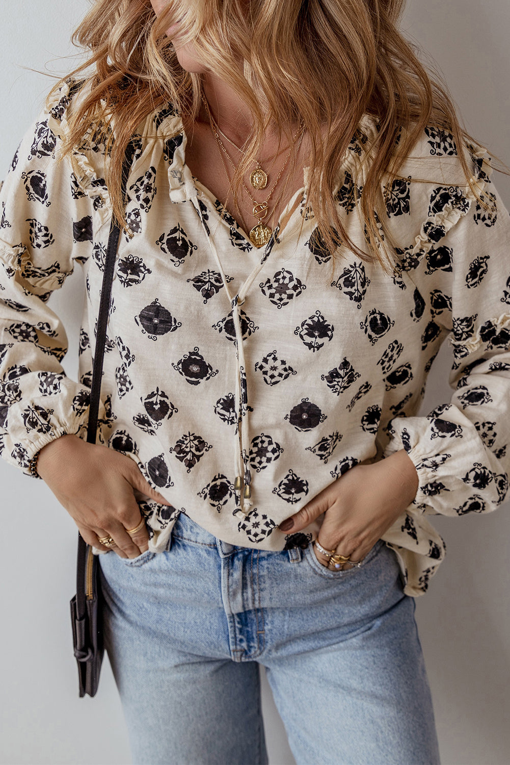 White Printed Split Neck Bubble Sleeve Loose Blouse - Premium Tops/Blouses & Shirts from Ashes 2 Wildflowers Boutique, LLC- Just $19.38! Shop now at Ashes 2 Wildflowers Boutique, LLC