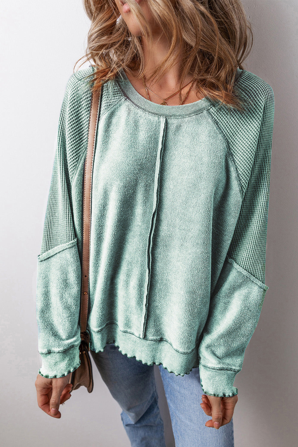 Mineral Blue Waffle Knit Patchwork Exposed Seam Raglan Sweatshirt - Premium Tops/Sweatshirts & Hoodies from Ashes 2 Wildflowers Boutique, LLC- Just $37.19! Shop now at Ashes 2 Wildflowers Boutique, LLC