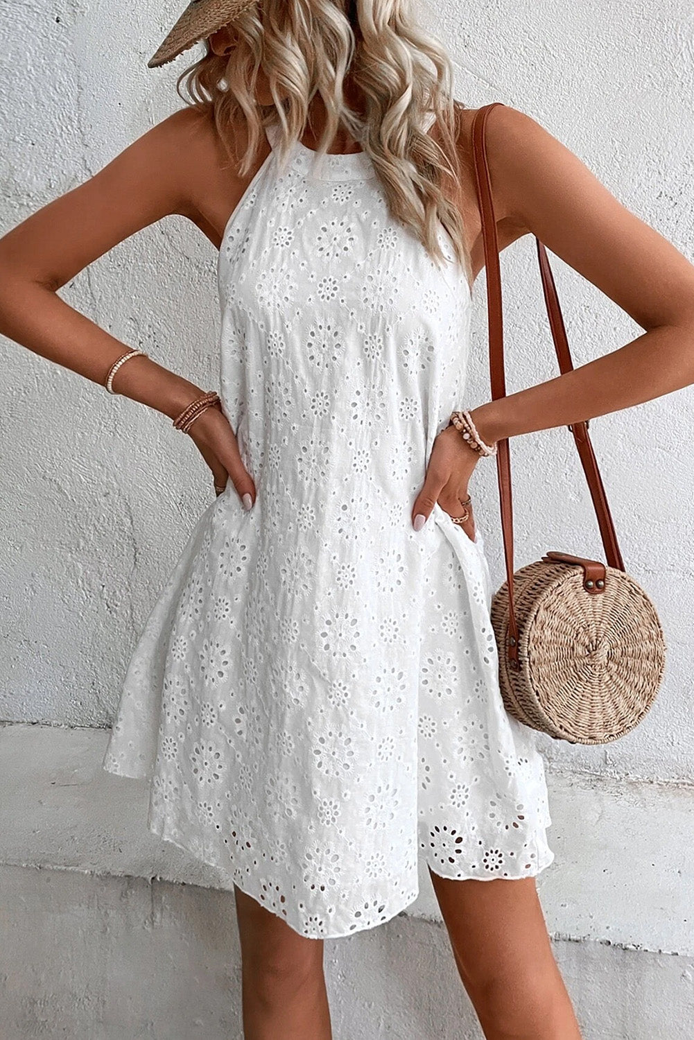 White Boho Eyelet Pattern Halter Neck Sleeveless Dress - Premium Dresses/Mini Dresses from Momma Done Gone Crafty- Just $24.72! Shop now at Momma Done Gone Crafty