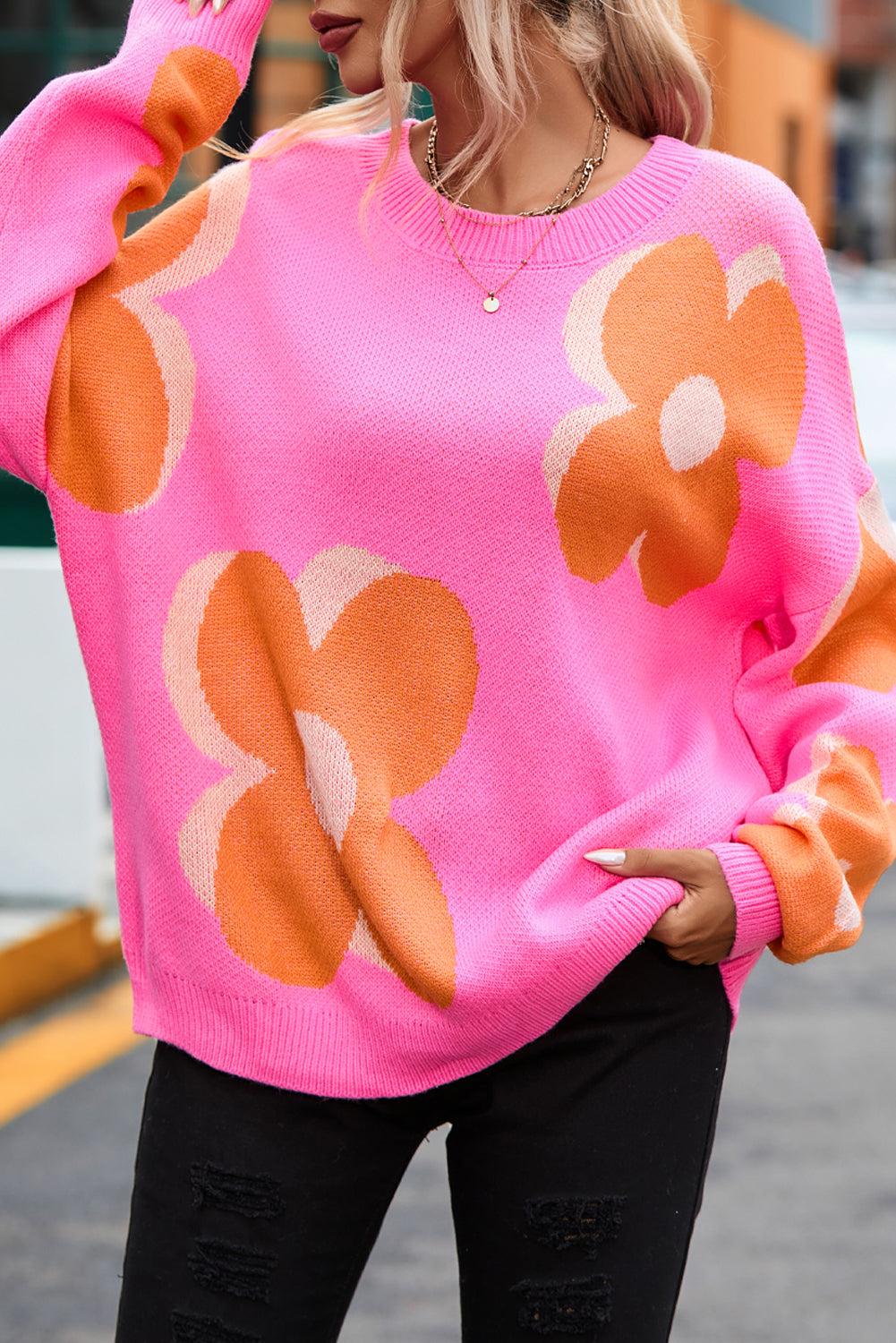 Flower Pattern Slouchy Sweater - Premium Tops from Momma Done Gone Crafty- Just $37.23! Shop now at Momma Done Gone Crafty