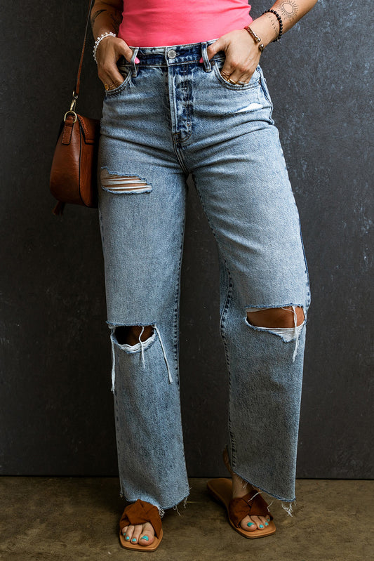 Light Blue Distressed Ripped Raw Hem Straight Jeans - Premium Bottoms/Jeans from Ashes 2 Wildflowers Boutique, LLC- Just $41.13! Shop now at Ashes 2 Wildflowers Boutique, LLC