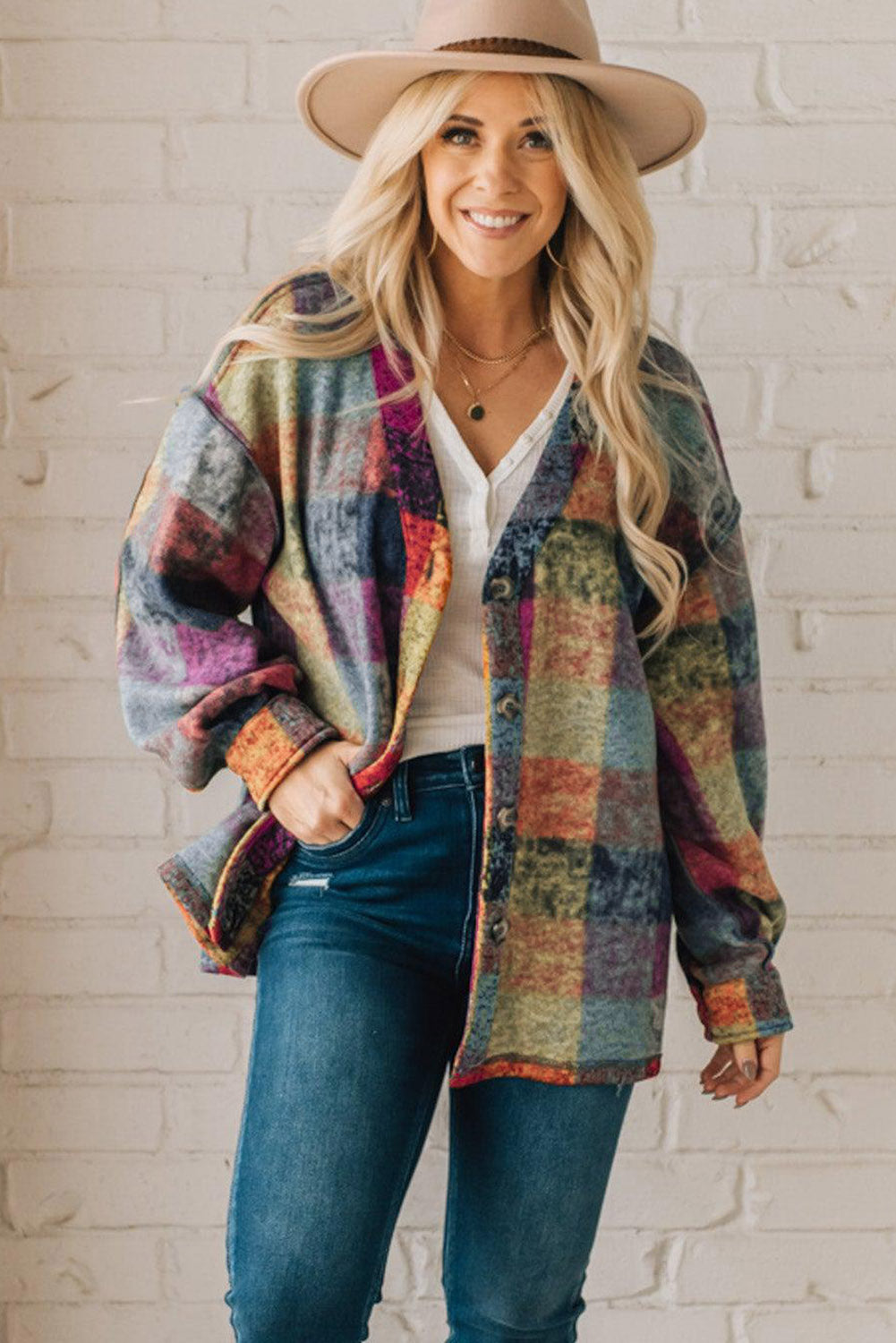 Multicolor Brushed Checked Western Buttoned Jacket - Premium Outerwear from Momma Done Gone Crafty- Just $40.20! Shop now at Momma Done Gone Crafty