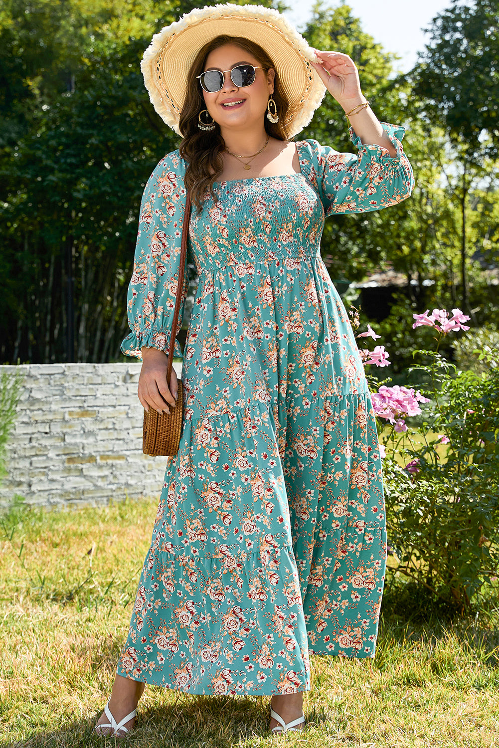 Green Plus Size Floral Print Square Neck Smocked Maxi Dress - Premium Plus Size/Plus Size Dresses/Plus Size Maxi Dresses from Momma Done Gone Crafty- Just $49.95! Shop now at Momma Done Gone Crafty