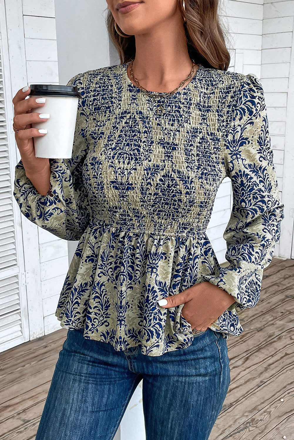 Sky Blue Boho Printed Balloon Sleeve Smocked Peplum Blouse - Premium Tops/Blouses & Shirts from Ashes 2 Wildflowers Boutique, LLC- Just $23.73! Shop now at Ashes 2 Wildflowers Boutique, LLC