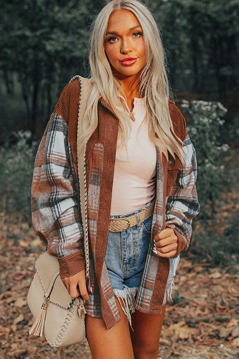 Cinnamon Plaid Corduroy Patchwork Chest Pocket Shacket - Premium Outerwear/Plaid Shackets from Momma Done Gone Crafty- Just $46.99! Shop now at Momma Done Gone Crafty