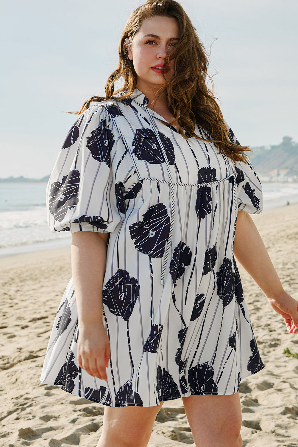 Black Plus Size Floral 3/4 Puff Sleeve Lace-up Neck Mini Dress - Premium Plus Size/Plus Size Dresses/Plus Size Mini Dresses from Momma Done Gone Crafty- Just $39.15! Shop now at Momma Done Gone Crafty