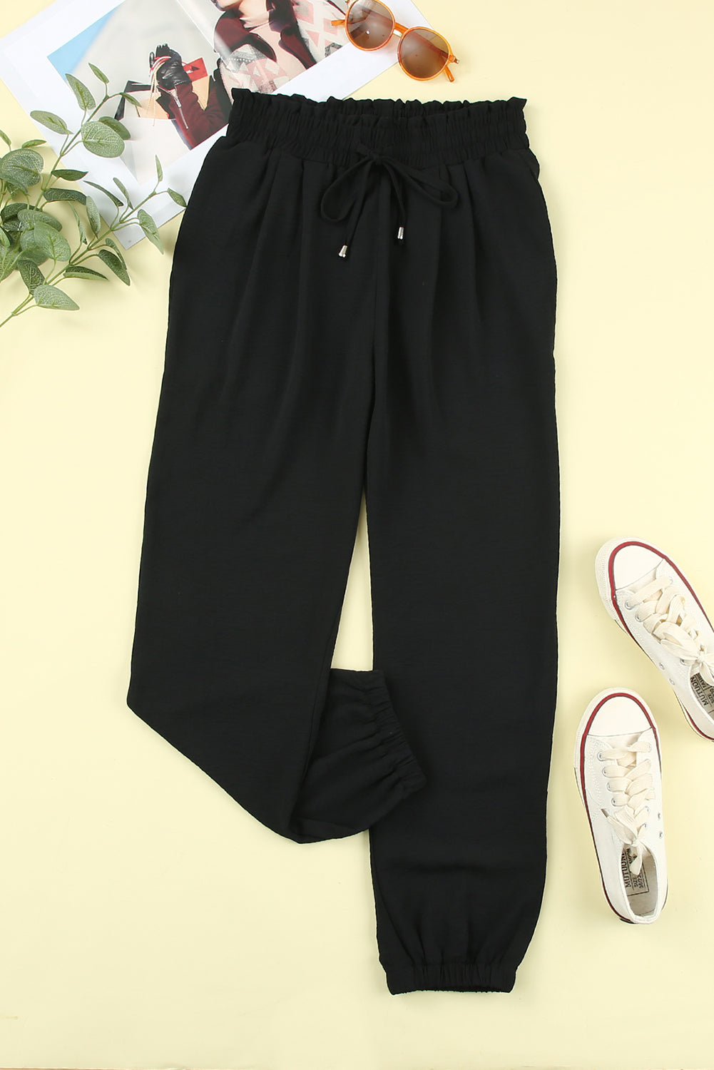 Black Solid Color Drawstring Smocked Waist Joggers - Premium Bottoms from Momma Done Gone Crafty- Just $47.40! Shop now at Momma Done Gone Crafty
