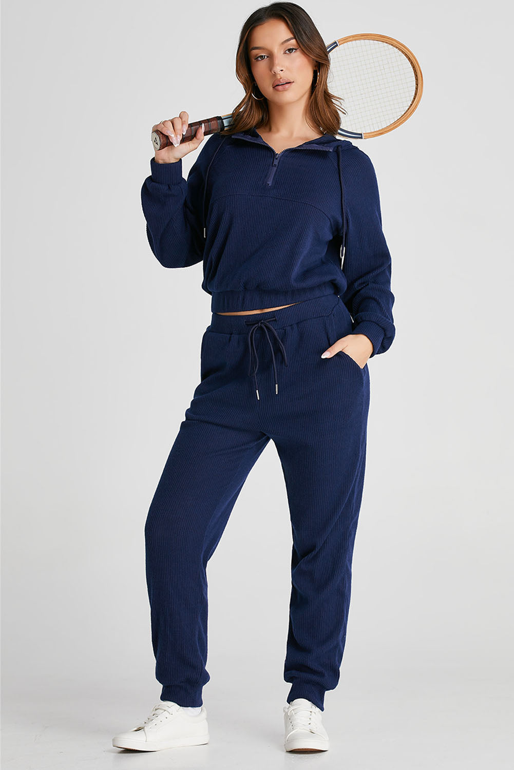 Navy Blue Ribbed Knit Cropped Hoodie and Drawstring Joggers Set - Premium Activewear/Activewear Sets from Ashes 2 Wildflowers Boutique, LLC- Just $42! Shop now at Ashes 2 Wildflowers Boutique, LLC