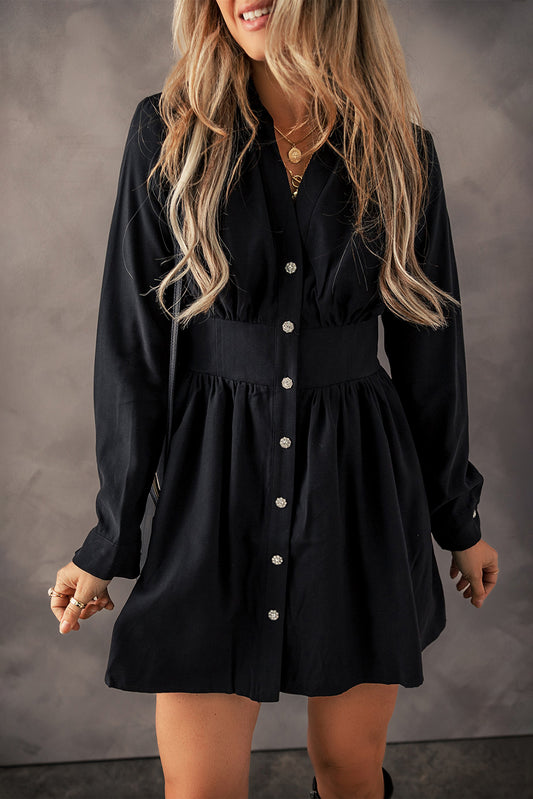 Black Elastic Cinched High Waist Long Sleeve Shirt Mini Dress - Premium Dresses/Mini Dresses from Momma Done Gone Crafty- Just $49.05! Shop now at Momma Done Gone Crafty