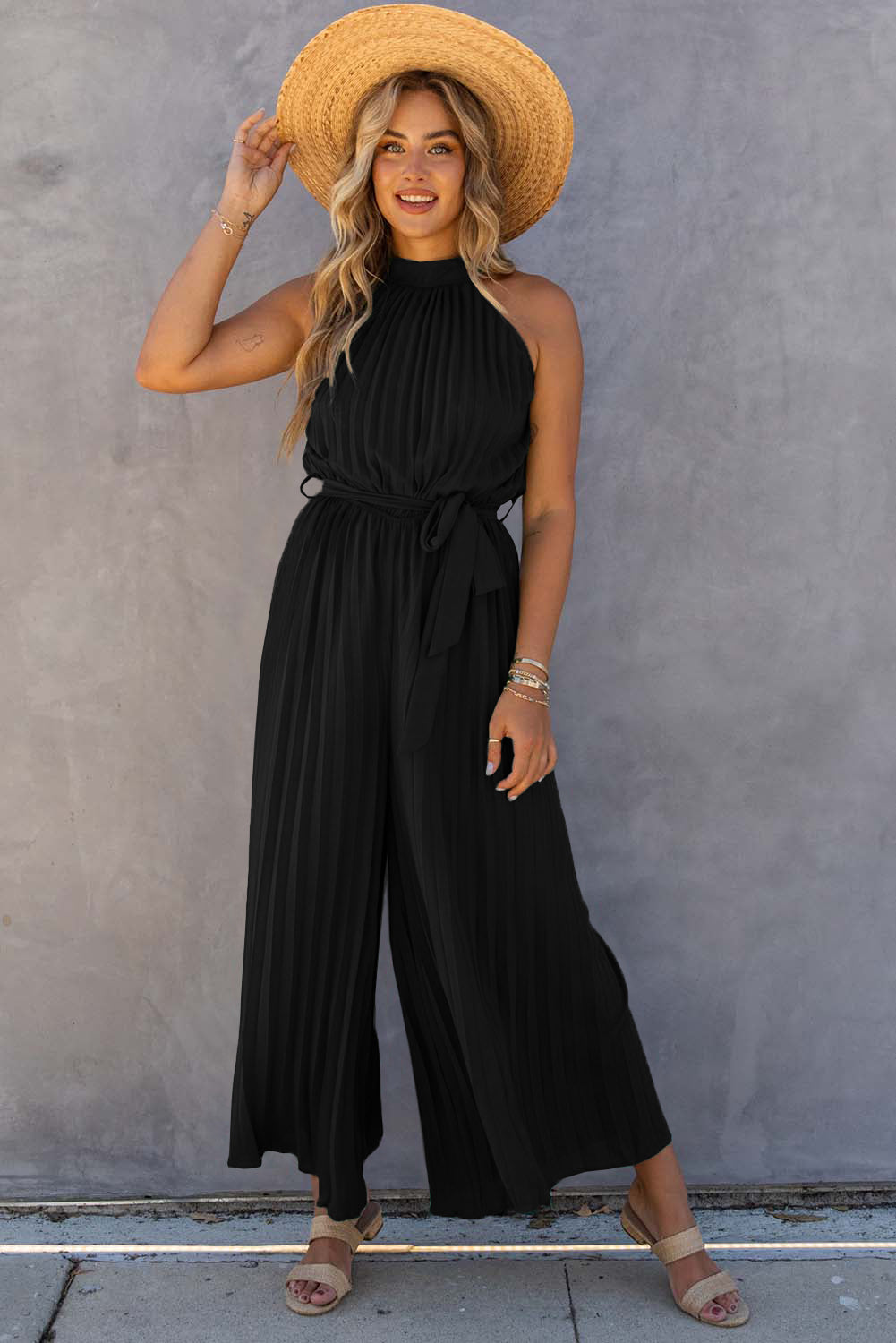 Black Halter Neck Pleated Wide Leg Jumpsuit with Belt - Premium Bottoms/Jumpsuits & Rompers from Momma Done Gone Crafty- Just $38.40! Shop now at Momma Done Gone Crafty