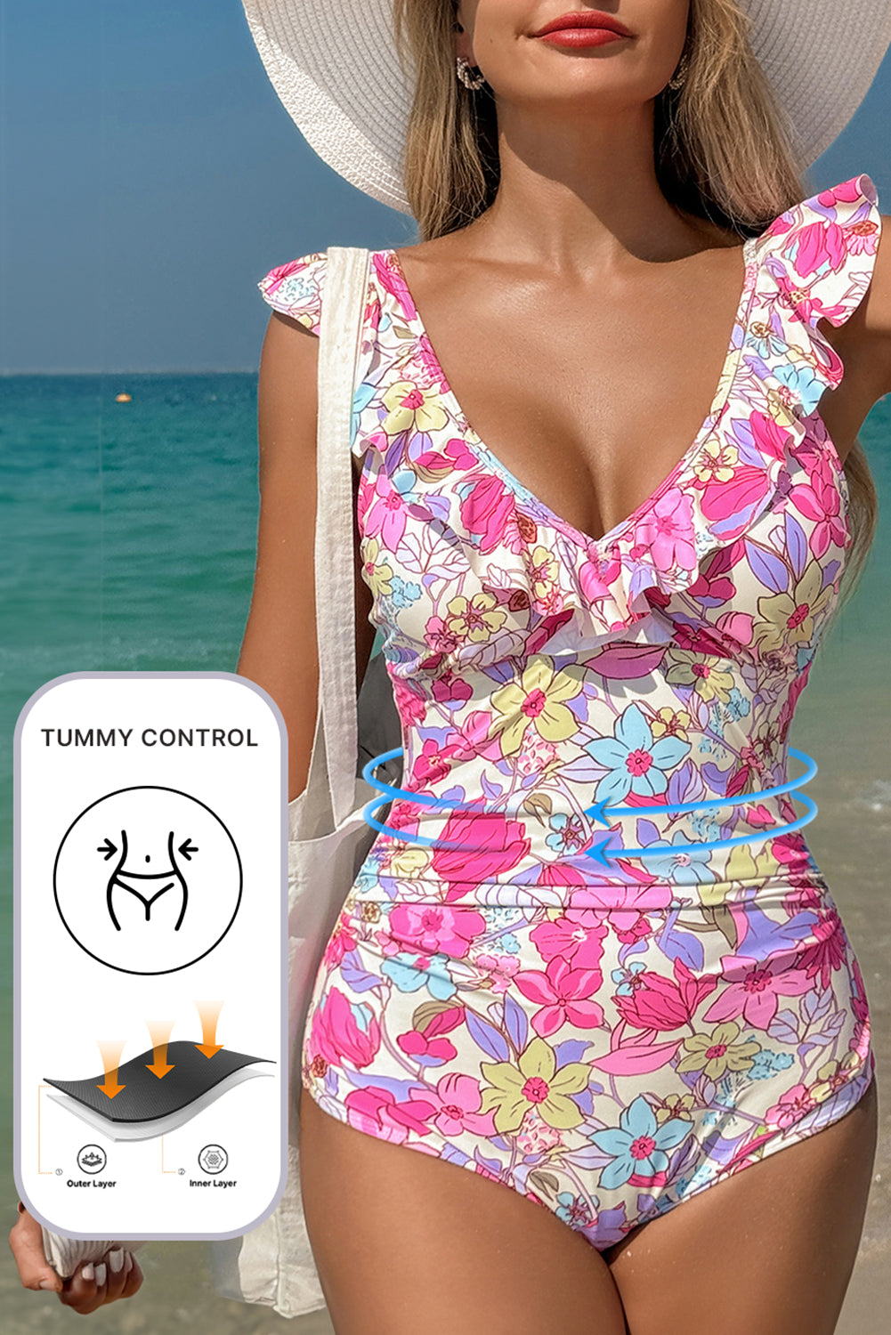Pink Floral Ruffle Trim V Neck Lace-up Back Tummy Control One Piece Swimsuit - Premium Swimwear/One Piece Swimsuit from Ashes 2 Wildflowers Boutique, LLC- Just $28.99! Shop now at Ashes 2 Wildflowers Boutique, LLC