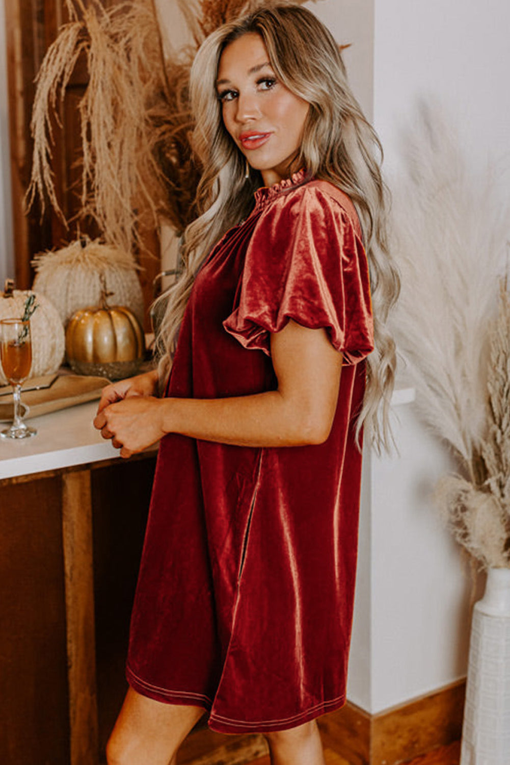 Cinnamon Velvet Smocked Neckline Puff Sleeve Shift Mini Dress - Premium Dresses/Mini Dresses from Ashes 2 Wildflowers Boutique, LLC- Just $48.99! Shop now at Ashes 2 Wildflowers Boutique, LLC