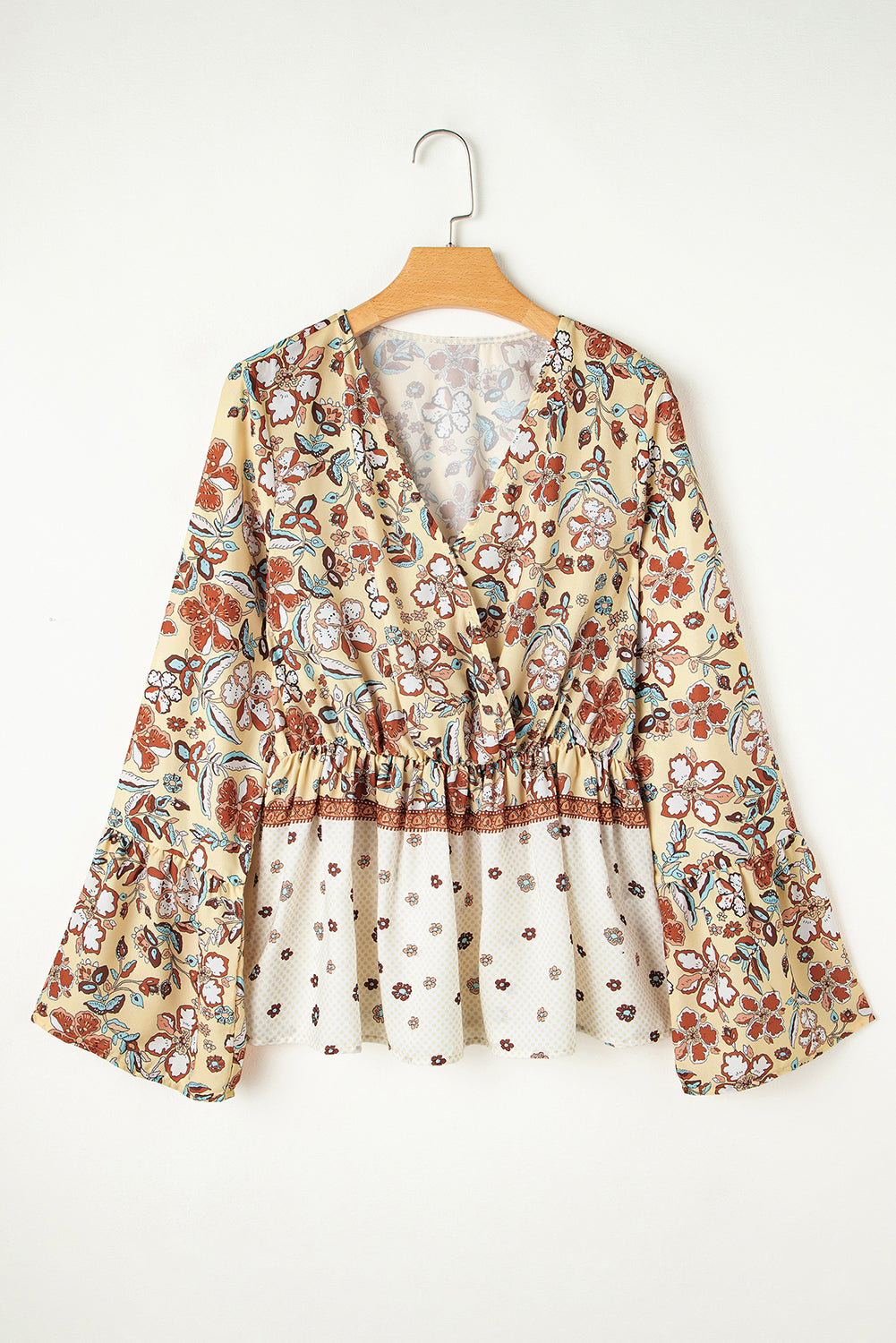Yellow Printed Floral Bell Sleeve V Neck Wrapped Contrast Peplum Blouse - Premium Tops/Blouses & Shirts from Ashes 2 Wildflowers Boutique, LLC- Just $30.35! Shop now at Ashes 2 Wildflowers Boutique, LLC