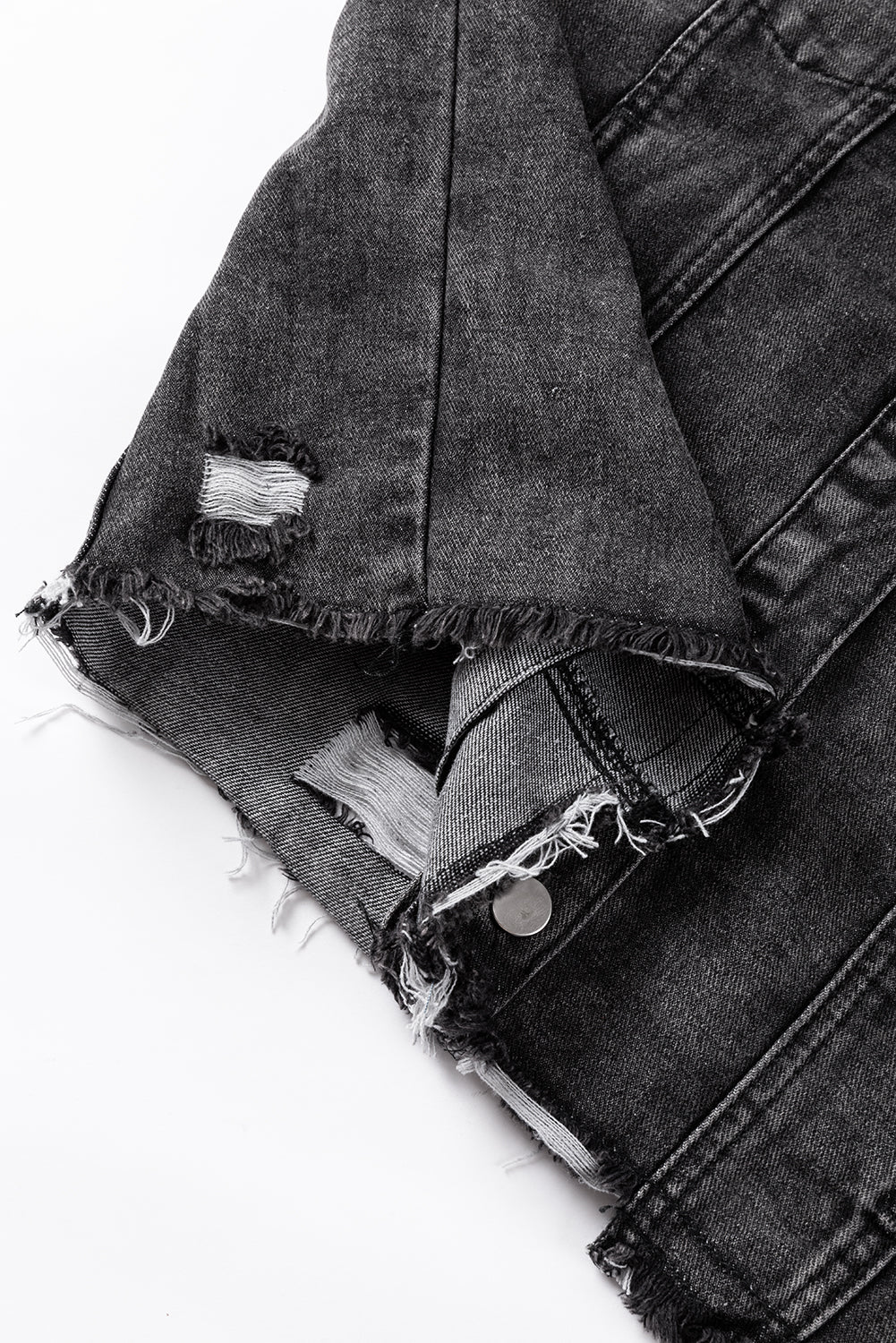 Black Drawstring Hooded Frayed Denim Jacket - Premium Outerwear from Momma Done Gone Crafty- Just $52.23! Shop now at Momma Done Gone Crafty