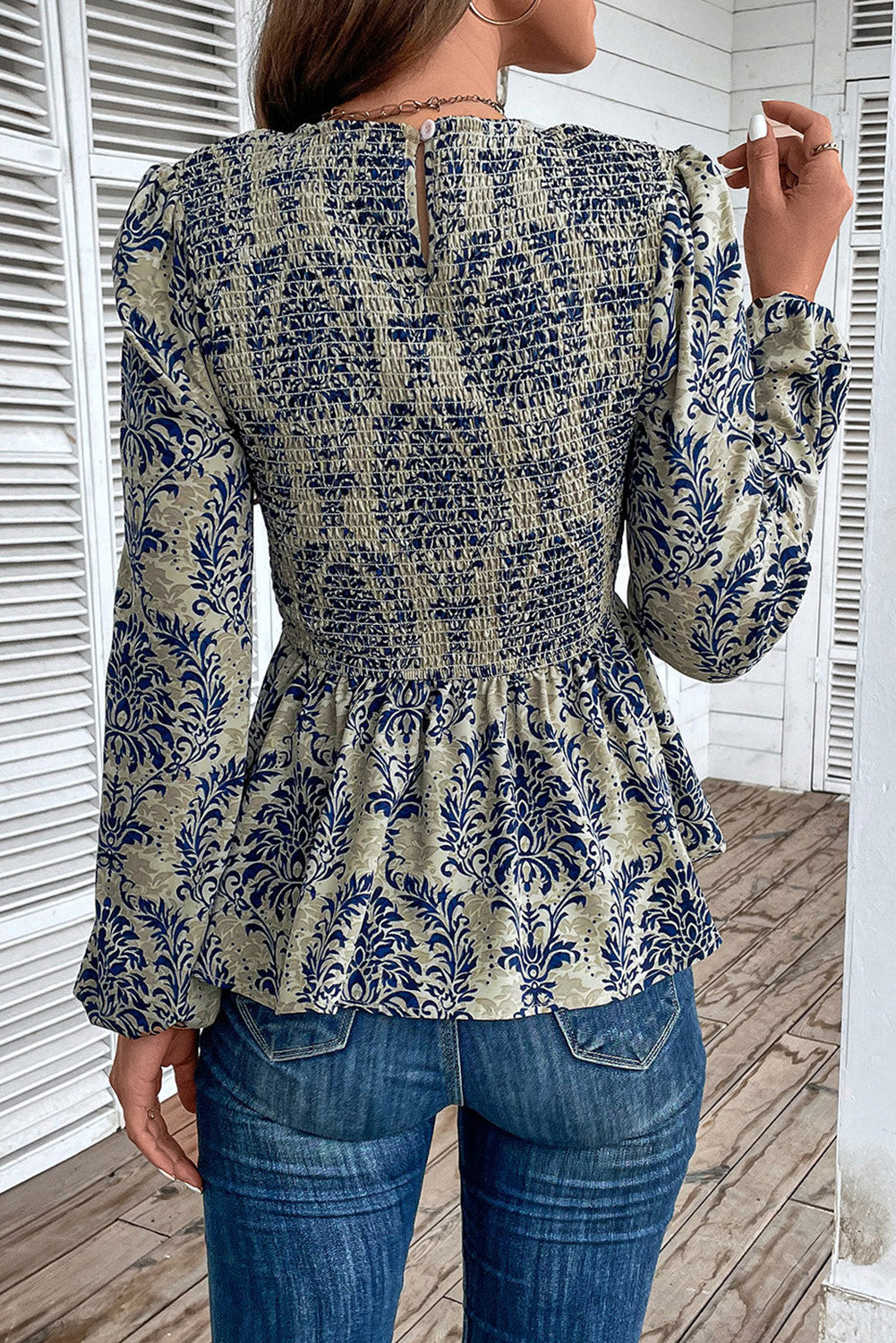 Sky Blue Boho Printed Balloon Sleeve Smocked Peplum Blouse - Premium Tops/Blouses & Shirts from Ashes 2 Wildflowers Boutique, LLC- Just $23.73! Shop now at Ashes 2 Wildflowers Boutique, LLC
