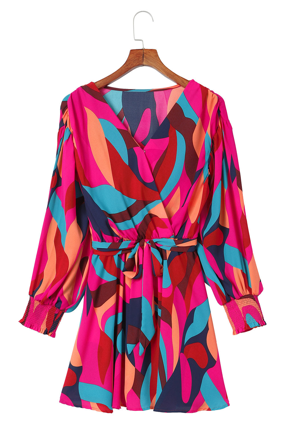 Red Abstract Printed Belted Puff Sleeve Mini Dress - Premium Dresses from Momma Done Gone Crafty- Just $49.94! Shop now at Momma Done Gone Crafty