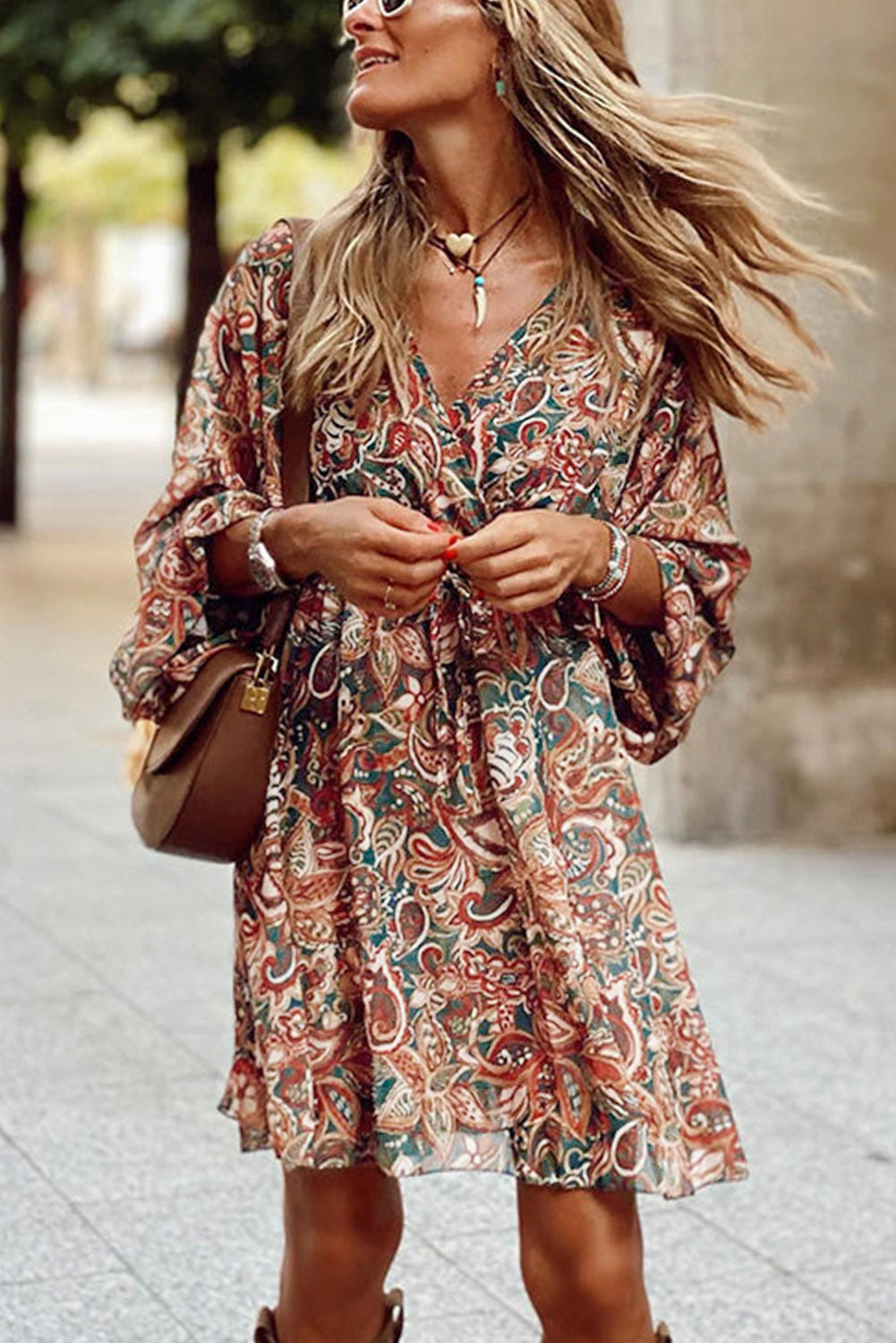 Brown Geometric Print Long Sleeve Surplice Flowy Dress - Premium Dresses from Momma Done Gone Crafty- Just $44.67! Shop now at Momma Done Gone Crafty