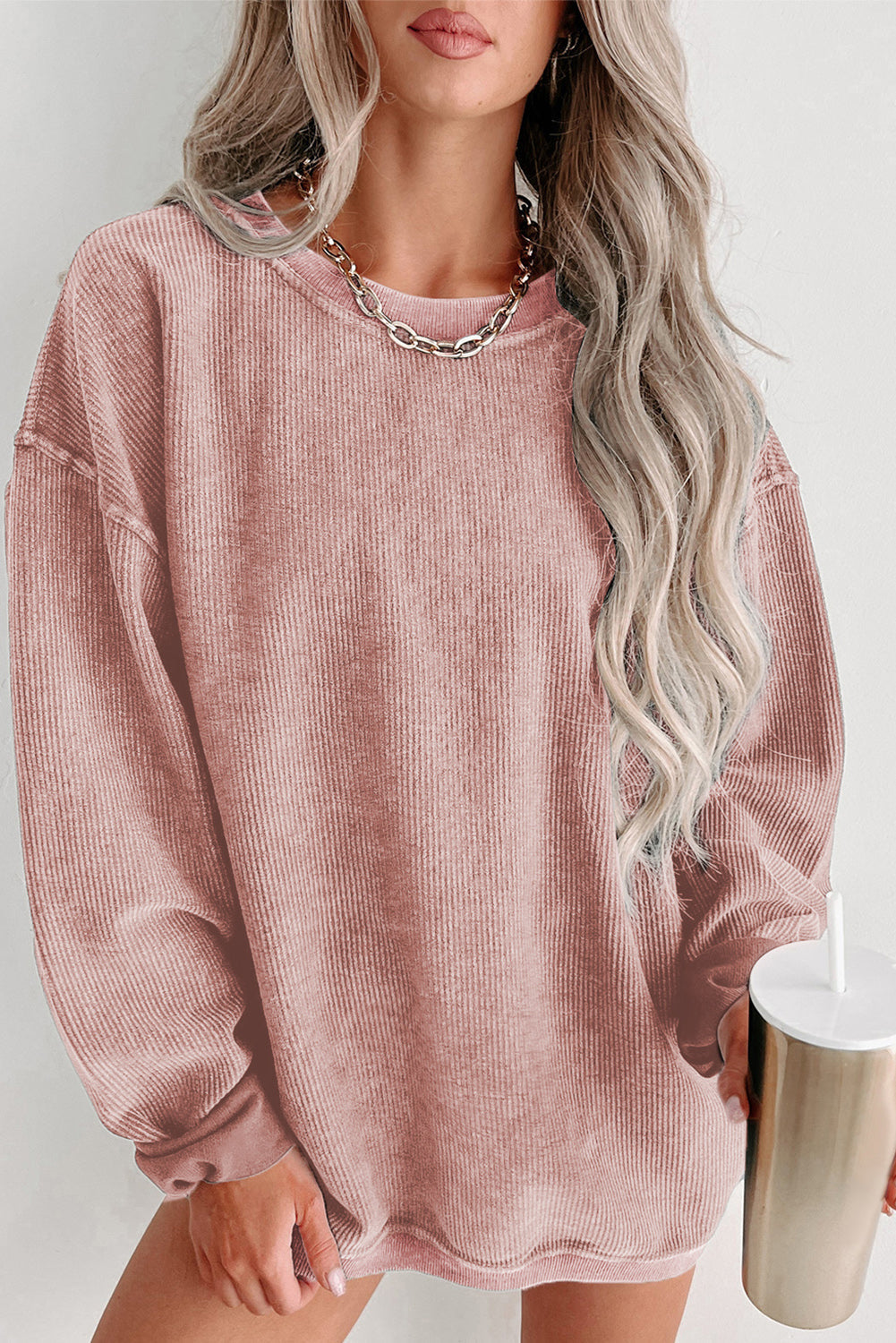 Pink Solid Ribbed Knit Round Neck Pullover Sweatshirt - Premium Tops from Momma Done Gone Crafty- Just $38.94! Shop now at Momma Done Gone Crafty