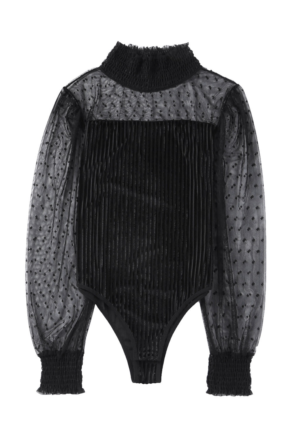 Black Sheer Dotty Long Sleeve Ribbed Velvet Bodysuit - Premium Tops from Momma Done Gone Crafty- Just $74.10! Shop now at Momma Done Gone Crafty