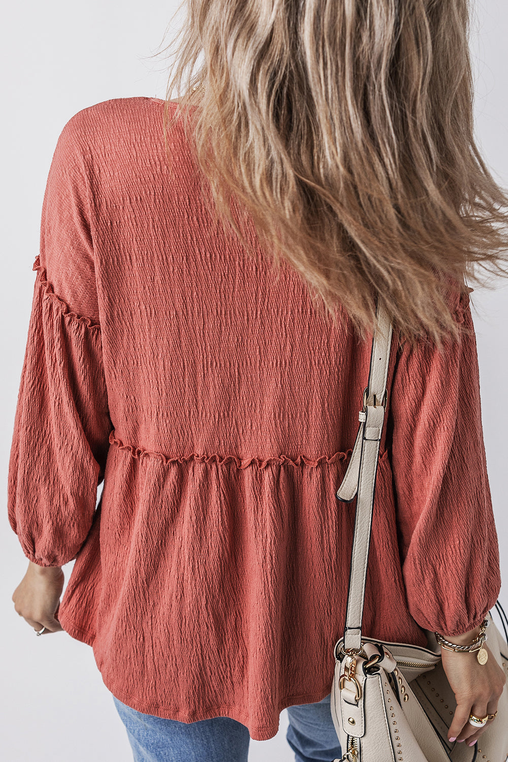 Mineral Red Solid Color Textured Frilled Trim V Neck Puff Sleeve Blouse - Premium Tops/Blouses & Shirts from Ashes 2 Wildflowers Boutique, LLC- Just $20.35! Shop now at Ashes 2 Wildflowers Boutique, LLC