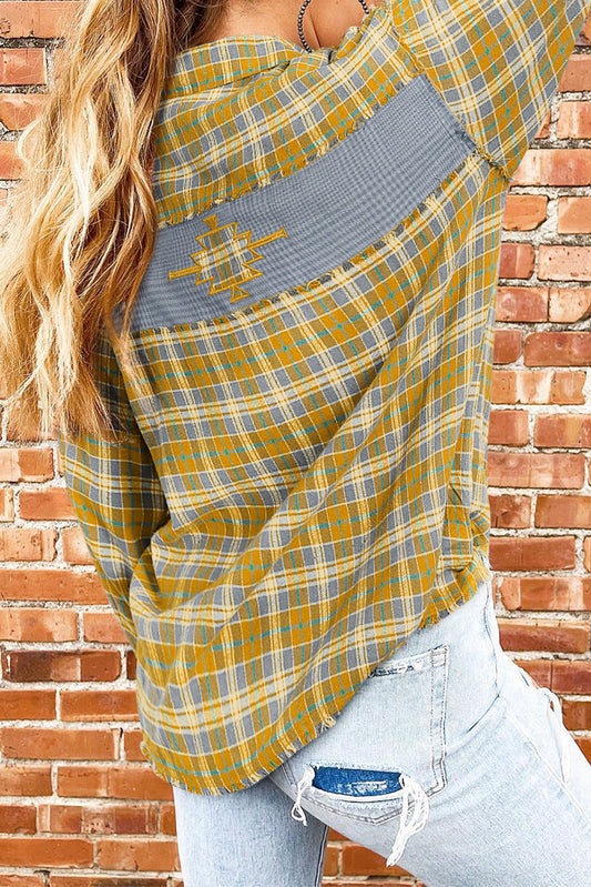 Ginger Plaid Embroidery Patch Button-Down Shacket - Premium Outerwear from Momma Done Gone Crafty- Just $49.65! Shop now at Momma Done Gone Crafty