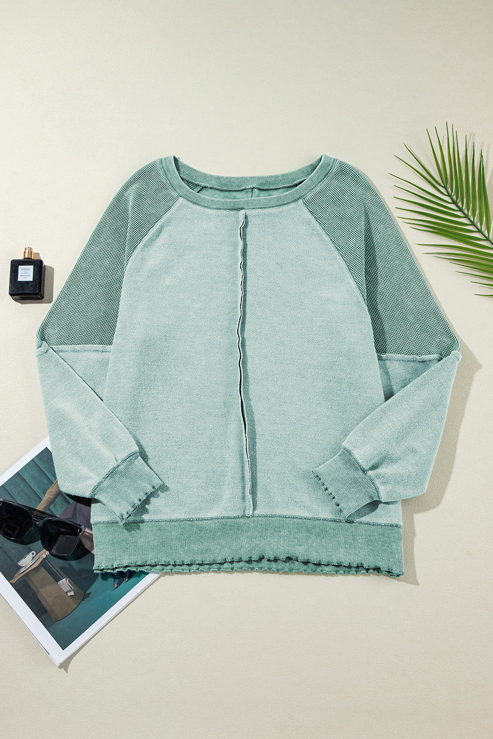 Mineral Blue Waffle Knit Patchwork Exposed Seam Raglan Sweatshirt - Premium Tops/Sweatshirts & Hoodies from Ashes 2 Wildflowers Boutique, LLC- Just $37.19! Shop now at Ashes 2 Wildflowers Boutique, LLC