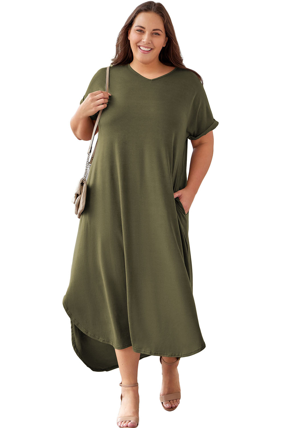 Green Plus Size V Neck Rolled Cuffs Maxi Dress - Premium Plus Size from Momma Done Gone Crafty- Just $35.99! Shop now at Momma Done Gone Crafty