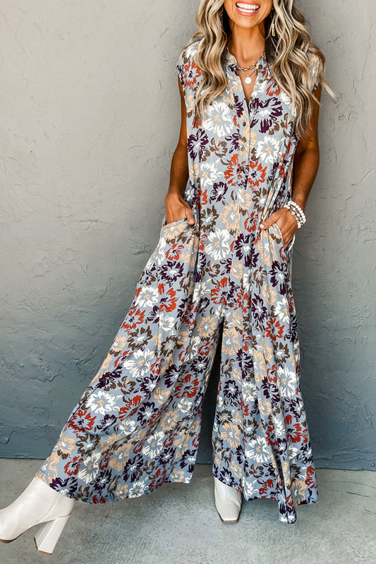 Sky Blue Floral Sleeveless Buttoned Pocketed Wide Leg Jumpsuit - Premium Bottoms/Jumpsuits & Rompers from Ashes 2 Wildflowers Boutique, LLC- Just $35.99! Shop now at Ashes 2 Wildflowers Boutique, LLC