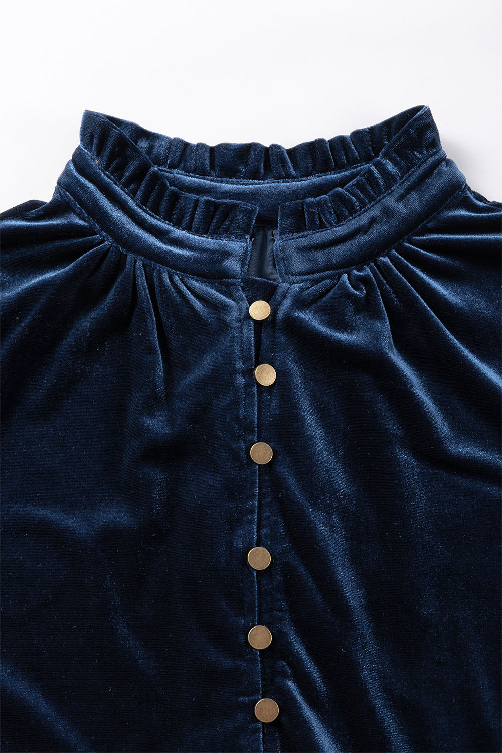 Navy Blue Frilled Neck Buttoned Front Velvet Top - Premium Tops from Momma Done Gone Crafty- Just $40.11! Shop now at Momma Done Gone Crafty