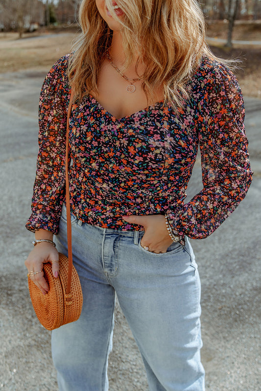Black Plus Size V Neck Bubble Sleeve Floral Blouse - Premium Plus Size from Momma Done Gone Crafty- Just $53.10! Shop now at Momma Done Gone Crafty