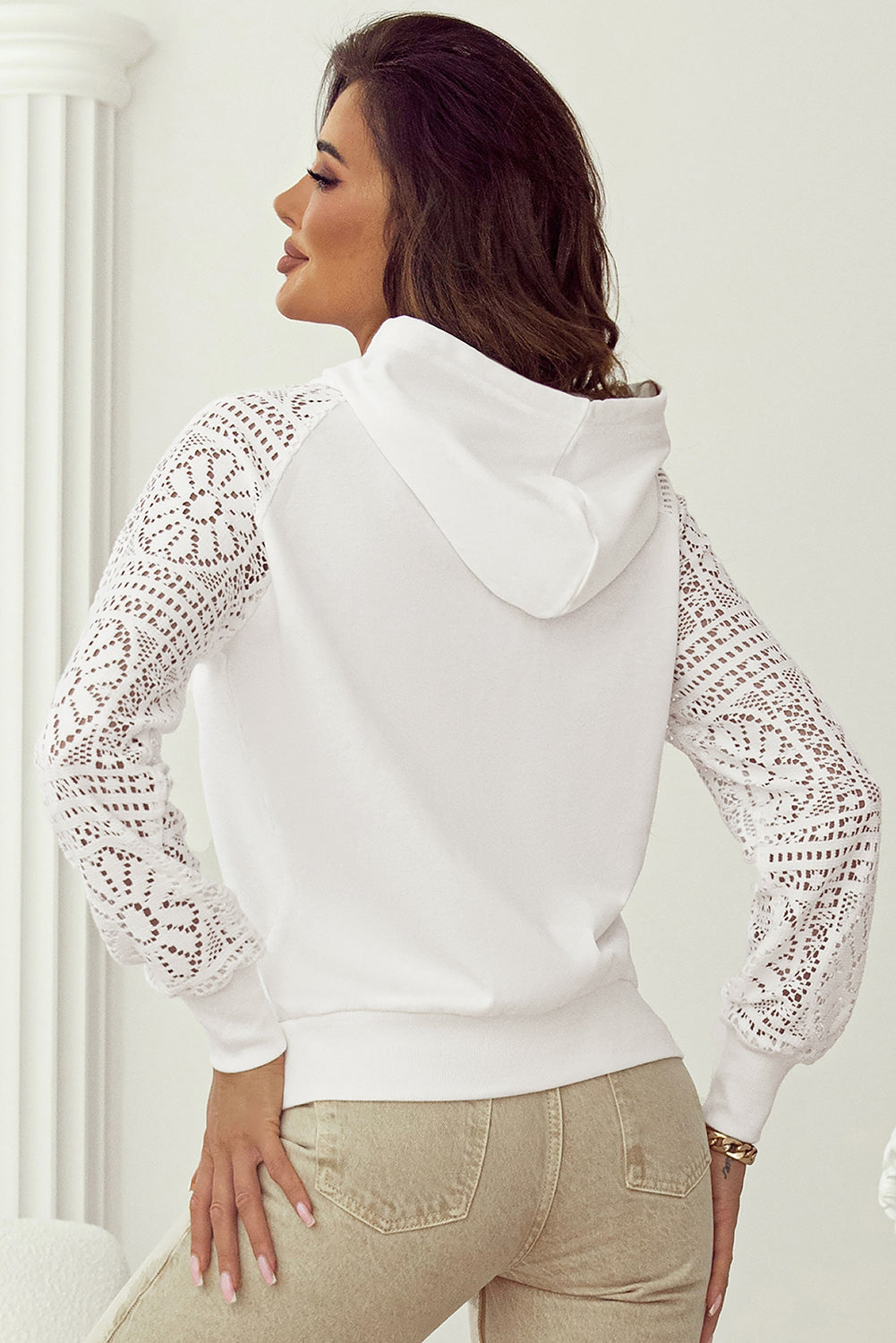 White Lace Patchwork Sleeve Drawstring Hoodie - Premium Tops/Sweatshirts & Hoodies from Ashes 2 Wildflowers Boutique, LLC- Just $31.70! Shop now at Ashes 2 Wildflowers Boutique, LLC