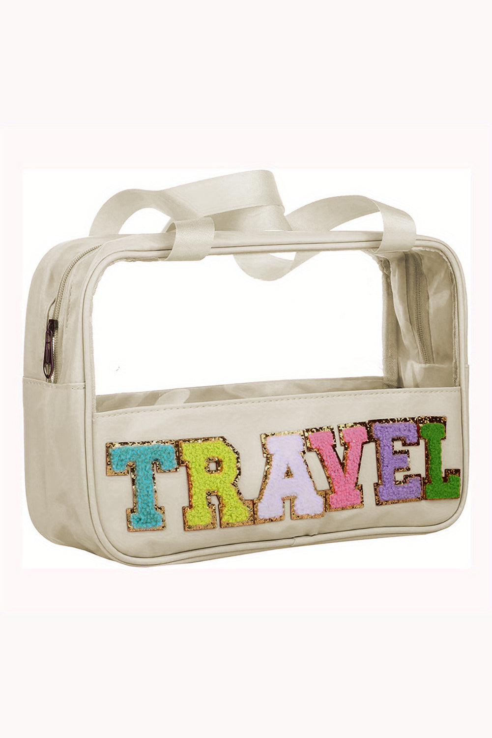 Parchment TRAVEL Chenille Letter Clear PVC Makeup Bag - Premium Shoes & Bags/Makeup Bags from Momma Done Gone Crafty- Just $13.98! Shop now at Momma Done Gone Crafty