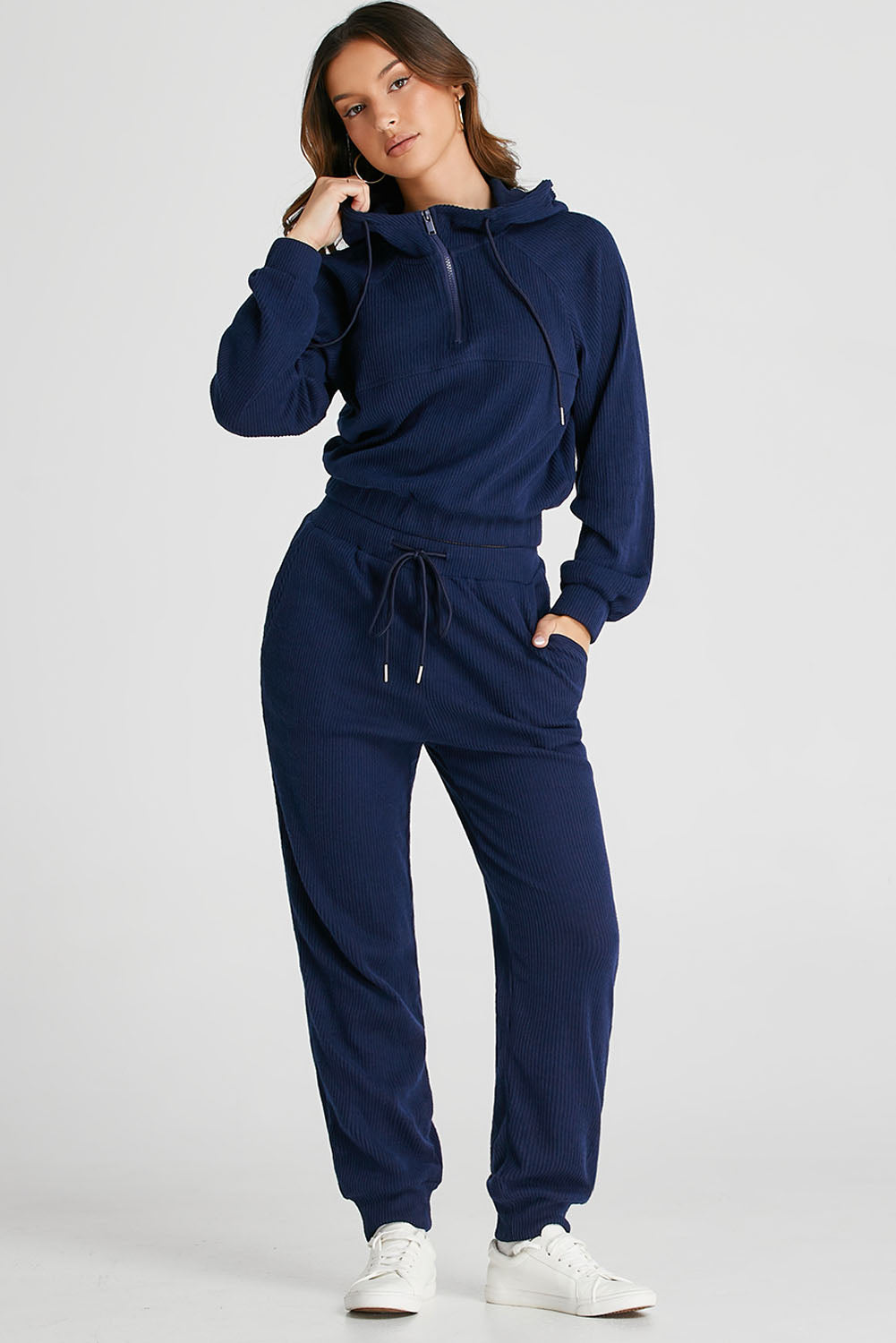 Navy Blue Ribbed Knit Cropped Hoodie and Drawstring Joggers Set - Premium Activewear/Activewear Sets from Ashes 2 Wildflowers Boutique, LLC- Just $42! Shop now at Ashes 2 Wildflowers Boutique, LLC