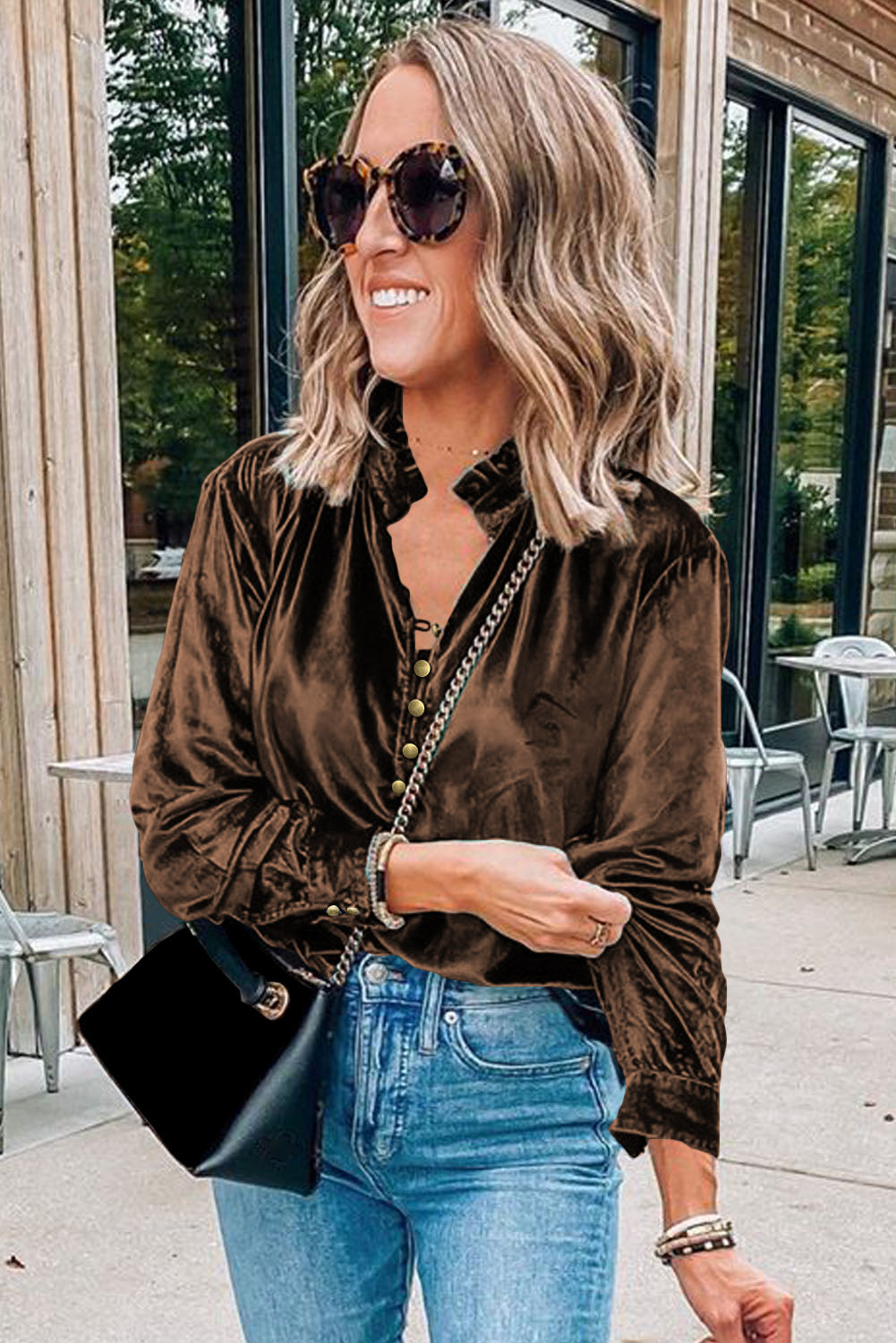 Desert Palm Frilled Neck Buttoned Front Velvet Top - Premium Tops from Momma Done Gone Crafty- Just $40.11! Shop now at Momma Done Gone Crafty