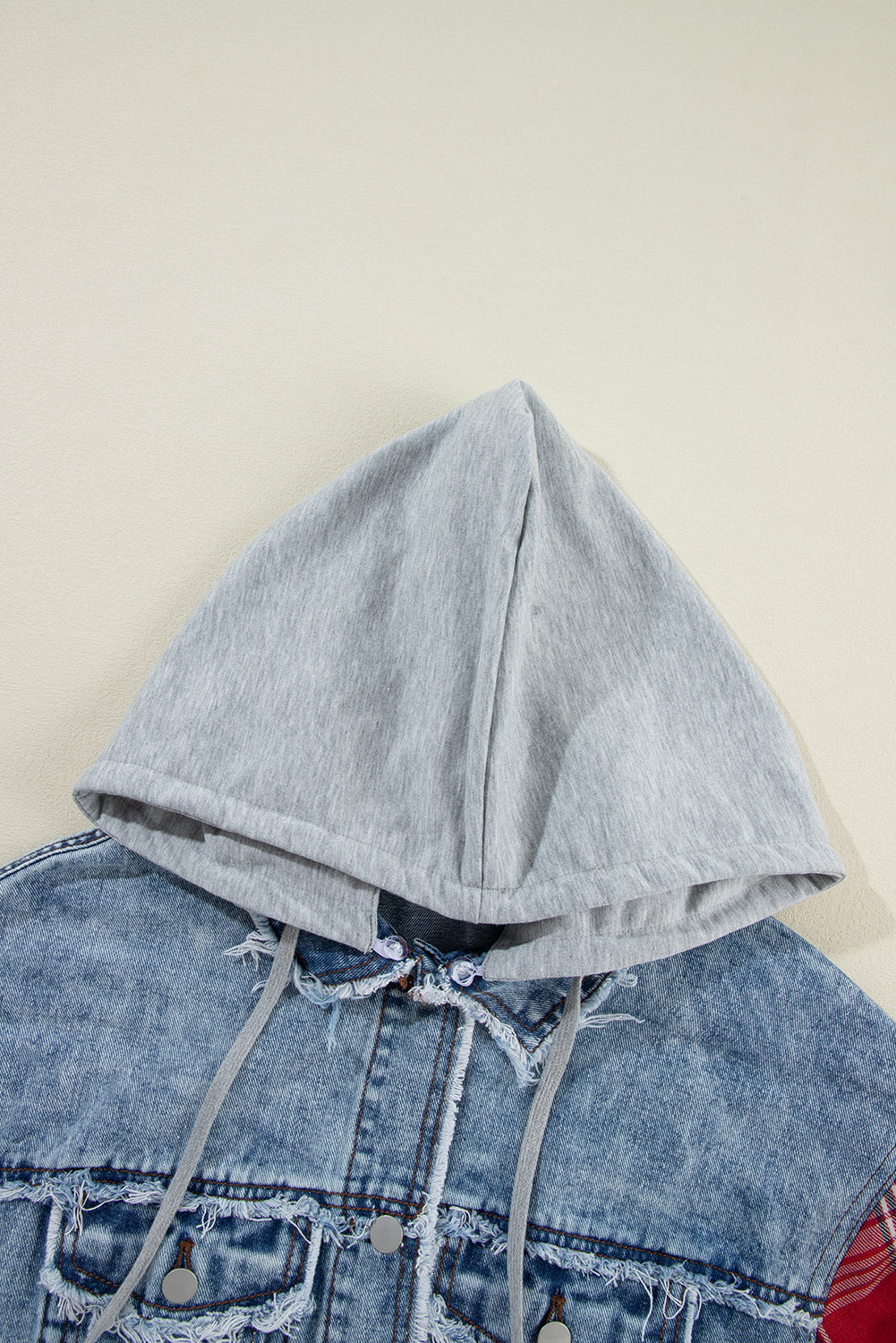 Beau Blue Plaid Print Patchwork Hooded Raw Hem Denim Jacket - Premium Outerwear/Denim jackets from Ashes 2 Wildflowers Boutique, LLC- Just $34.30! Shop now at Ashes 2 Wildflowers Boutique, LLC